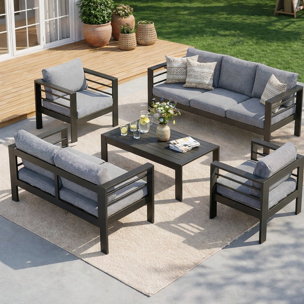 MEXO Gartenlounge - Set XXL Gartenmöbel Set Aluminium Outdoor (Gartenmöbel Set, , 5 - tlg., 1×3 - Sitzer Sofa, 1×2 - Sitzer Sofa, 2×Sessel, 1×Tisch, 14×Auflagen), wetterfest Sitzgruppe Essgruppe Gartengarnitur für 6 - 7 Personen - MeXo - Home