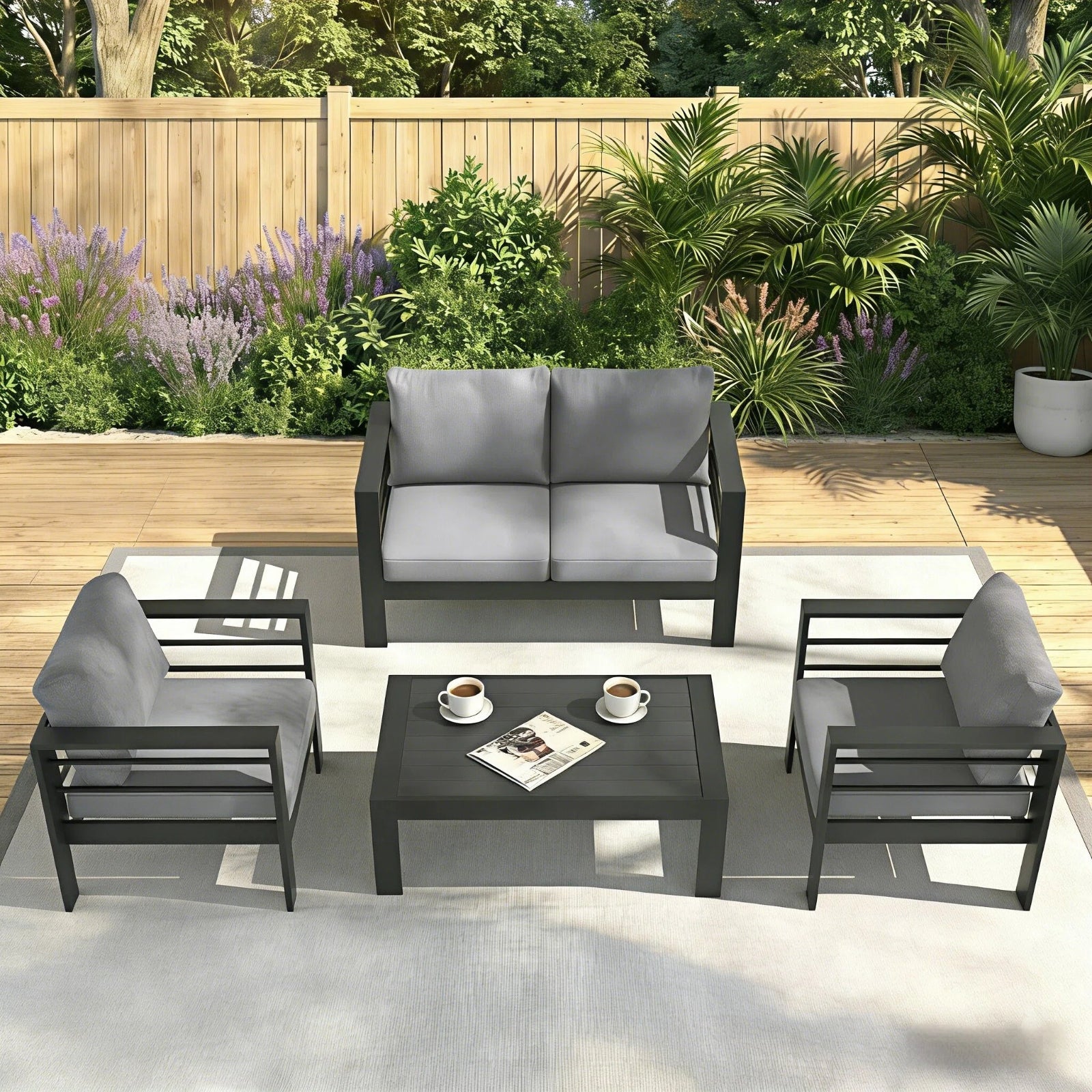 MEXO Gartenlounge - Set XXL Gartenmöbel Set Aluminium Outdoor (Set, 4 - tlg., 1×2 - Sitzer Sofa, 2×Sessel, 1×Tisch, 8×Auflagen), wetterfest Sitzgruppe Essgruppe Gartengarnitur für 3 - 4 Personen, Beige - MeXo - Home