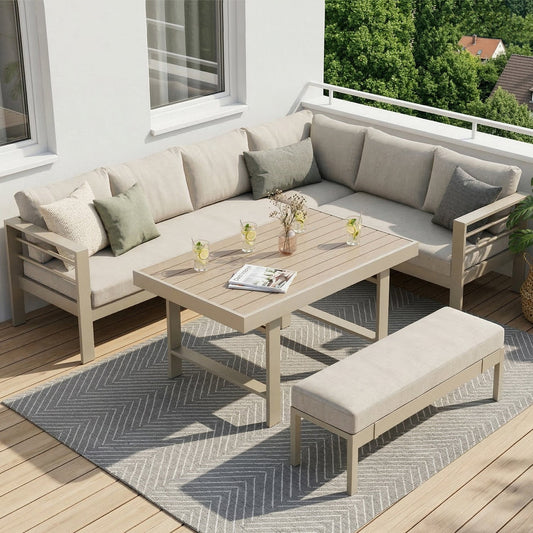 MEXO Gartenlounge - Set XXL Gartenmöbel Set Aluminium für 6 - 8 Personen (Dining Loungeset Outdoor, 5 - tlg., mit 12 cm dicken Sitzkissen, pflegeleichte Polywood - Tischplatte) - MeXo - Home
