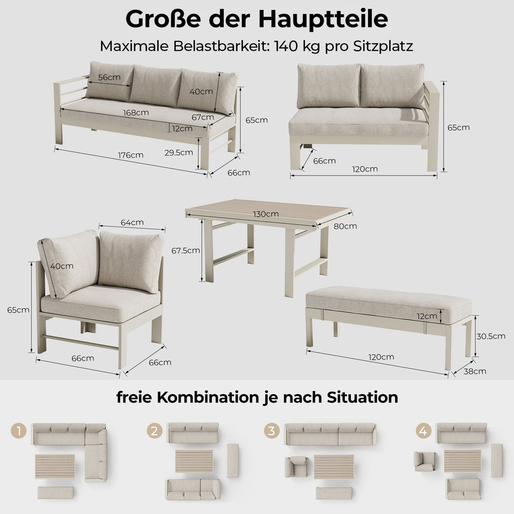 MEXO Gartenlounge - Set XXL Gartenmöbel Set Aluminium für 6 - 8 Personen (Dining Loungeset Outdoor, 5 - tlg., mit 12 cm dicken Sitzkissen, pflegeleichte Polywood - Tischplatte) - MeXo - Home