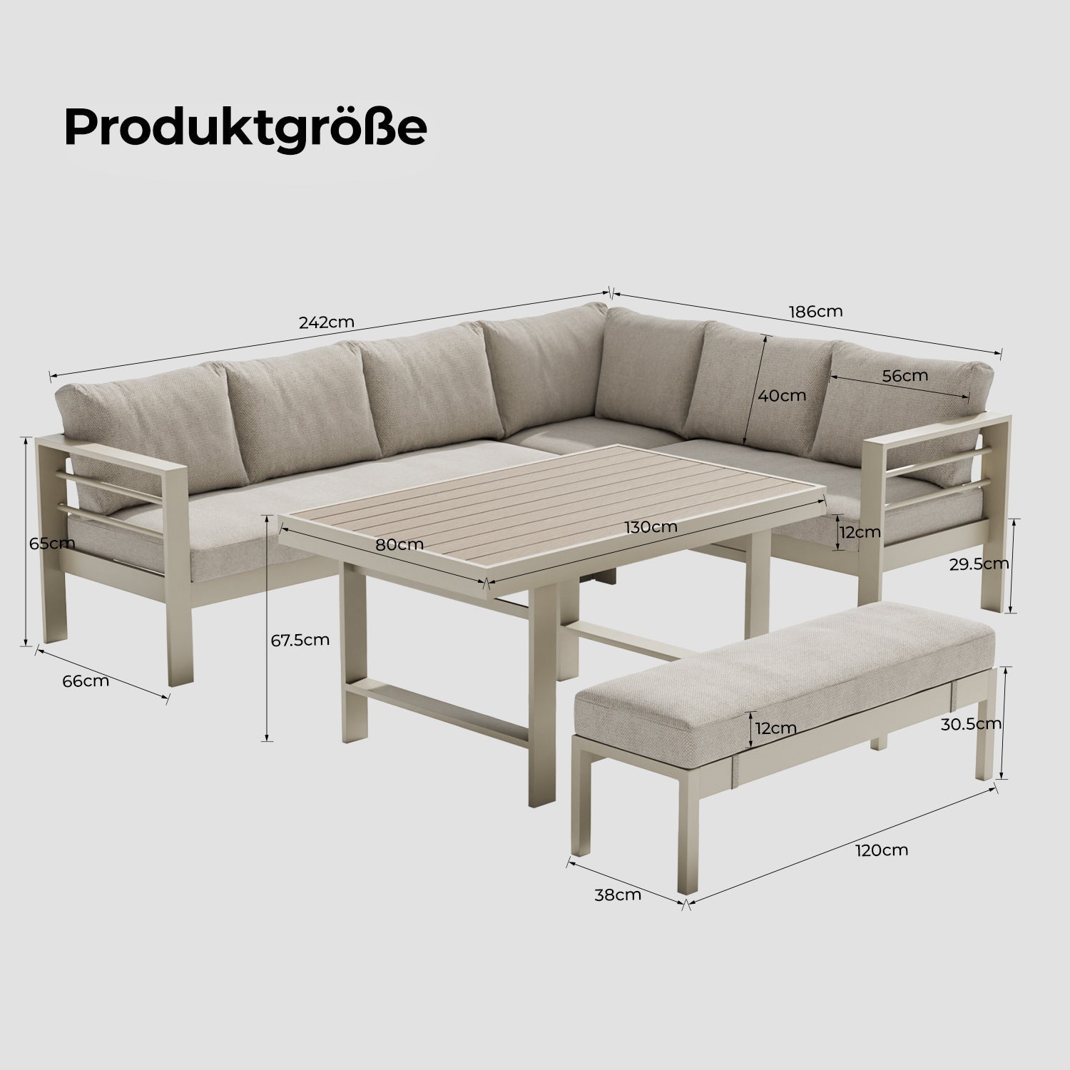 MEXO Gartenlounge - Set XXL Gartenmöbel Set Aluminium für 6 - 8 Personen (Dining Loungeset Outdoor, 5 - tlg., mit 12 cm dicken Sitzkissen, pflegeleichte Polywood - Tischplatte) - MeXo - Home