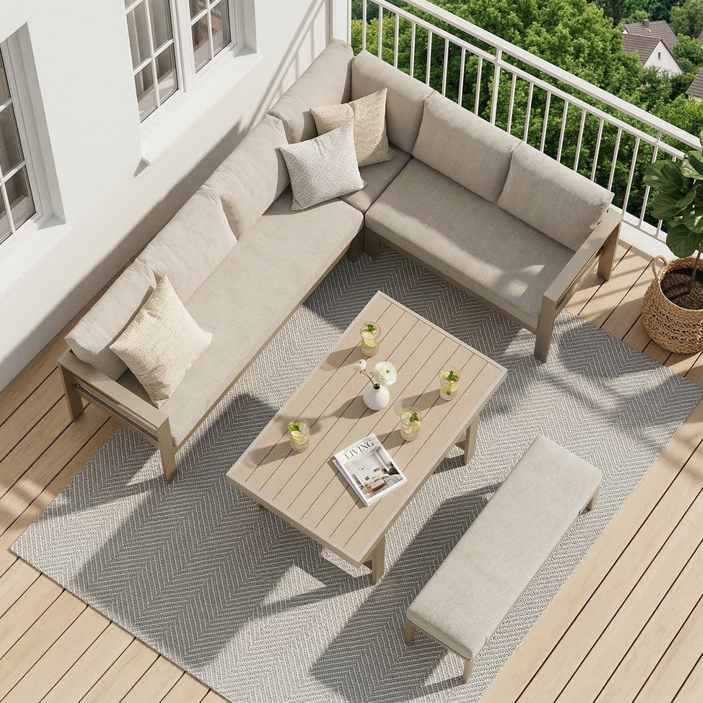 MEXO Gartenlounge - Set XXL Gartenmöbel Set Aluminium für 6 - 8 Personen (Dining Loungeset Outdoor, 5 - tlg., mit 12 cm dicken Sitzkissen, pflegeleichte Polywood - Tischplatte) - MeXo - Home