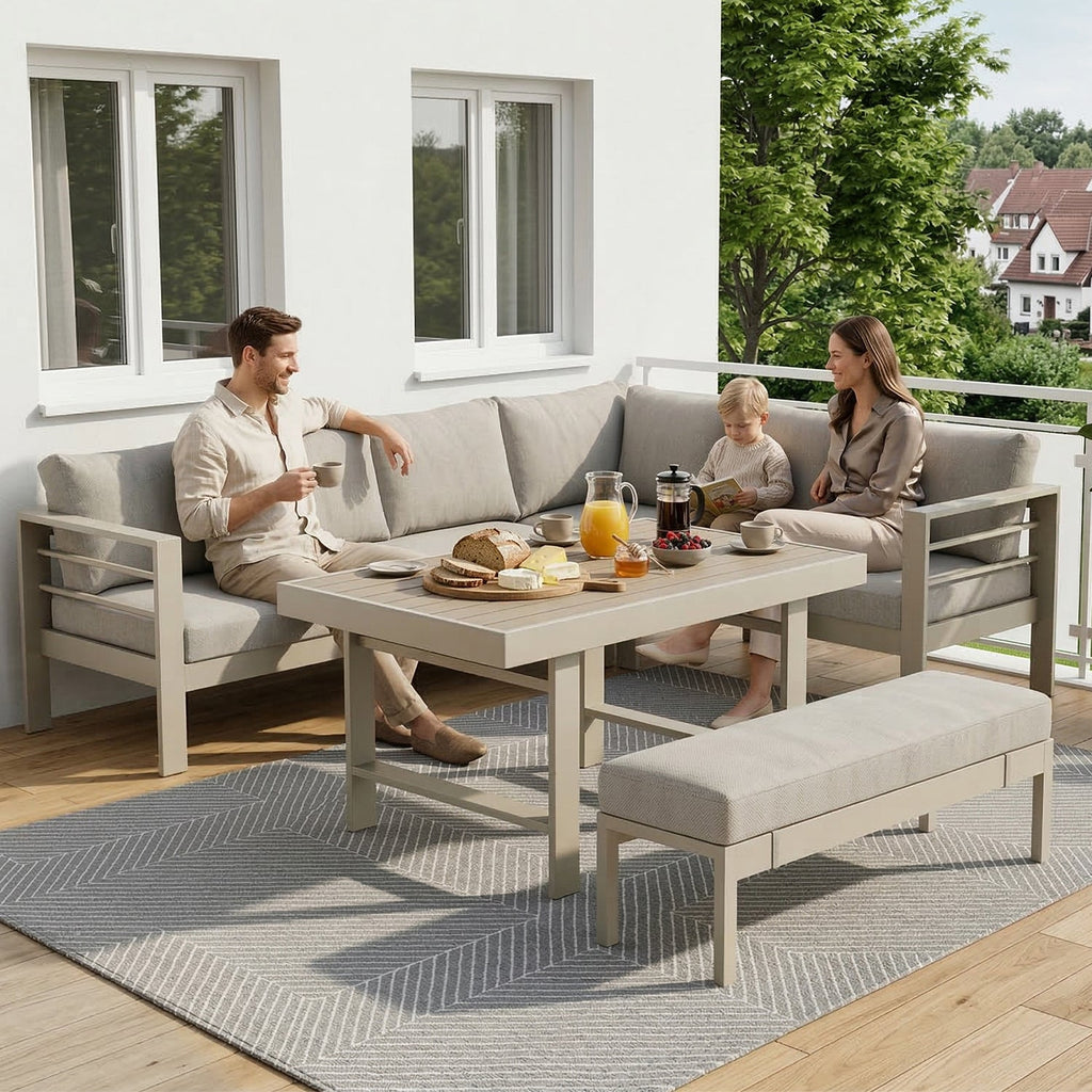 MEXO Gartenlounge - Set XXL Gartenmöbel Set Aluminium für 6 - 8 Personen (Dining Loungeset Outdoor, 5 - tlg., mit 12 cm dicken Sitzkissen, pflegeleichte Polywood - Tischplatte) - MeXo - Home
