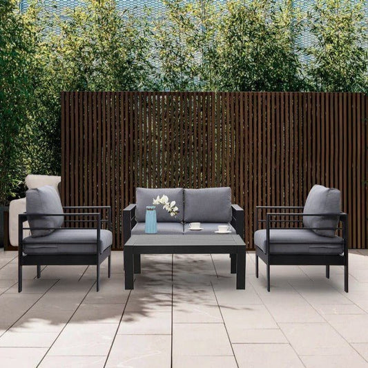 MeXo Gartenmöbel Set Aluminium, Neumodisches Lounge möbel für 4 Personen mit Sofa, Tisch, Hocker & Kissen, für Innen - und Außenbereich - MeXo - Home
