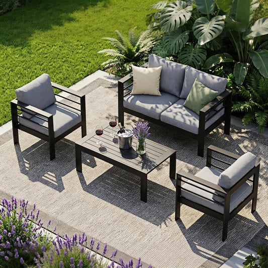 MeXo Gartenmöbel Set Aluminium, Neumodisches Lounge möbel für 4 Personen mit Sofa, Tisch, Hocker & Kissen, für Innen - und Außenbereich - MeXo - Home