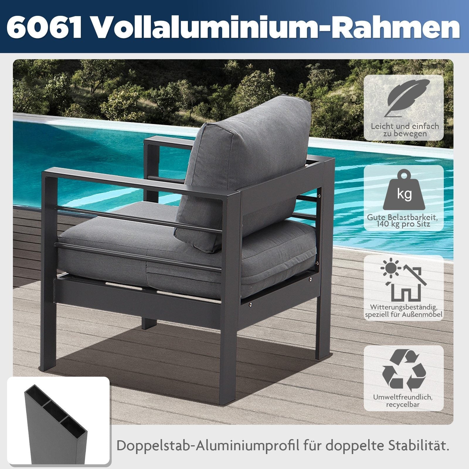 MEXO Gartensessel Terrassenstühle 2er Set Aluminium Wetterfest 140kg Luxus Relax (2x Einzelsessel 2x Sitzkissen 2x Rückenkissen) - MeXo - Home
