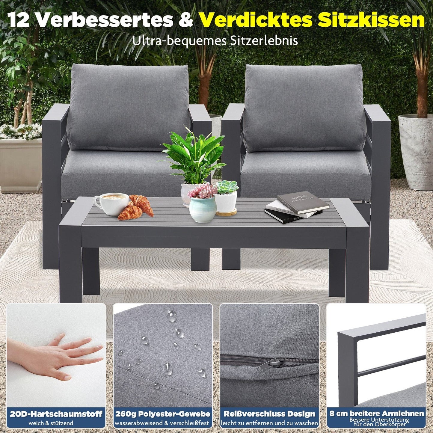 MEXO Gartensessel Terrassenstühle 2er Set Aluminium Wetterfest 140kg Luxus Relax (2x Einzelsessel 2x Sitzkissen 2x Rückenkissen) - MeXo - Home