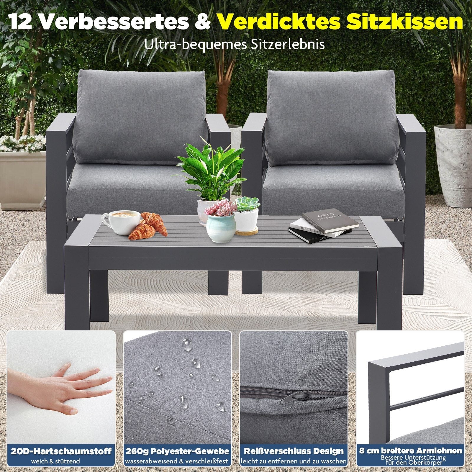 MEXO Gartensessel Terrassenstühle 2er Set Aluminium Wetterfest 140kg Luxus Relax (2x Einzelsessel 2x Sitzkissen 2x Rückenkissen) - MeXo - Home