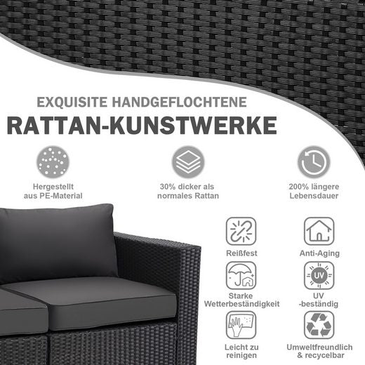 MEXO Gartensofa Rattan Modulsofa mit Liegefunktion Outdoor Wetterfest Balkon Terrasse 64x64cm xxl Sitzfläche, 10cm breite Komfort - Armlehnen, 10cm Luxus Sitzkissen, 7+ freie Kombinationen zur Auswahl, Polyrattan Lounge anthrazit Loungesessel - MeXo - Home