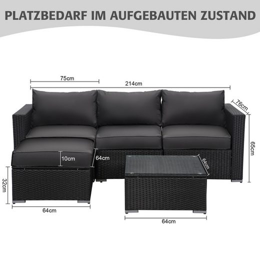 MEXO Gartensofa Rattan Modulsofa mit Liegefunktion Outdoor Wetterfest Balkon Terrasse 64x64cm xxl Sitzfläche, 10cm breite Komfort - Armlehnen, 10cm Luxus Sitzkissen, 7+ freie Kombinationen zur Auswahl, Polyrattan Lounge anthrazit Loungesessel - MeXo - Home