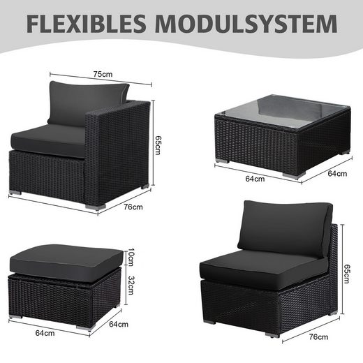 MEXO Gartensofa Rattan Modulsofa mit Liegefunktion Outdoor Wetterfest Balkon Terrasse 64x64cm xxl Sitzfläche, 10cm breite Komfort - Armlehnen, 10cm Luxus Sitzkissen, 7+ freie Kombinationen zur Auswahl, Polyrattan Lounge anthrazit Loungesessel - MeXo - Home