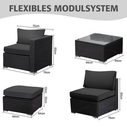 MEXO Gartensofa Rattan Modulsofa mit Liegefunktion Outdoor Wetterfest Balkon Terrasse 64x64cm xxl Sitzfläche, 10cm breite Komfort - Armlehnen, 10cm Luxus Sitzkissen, 7+ freie Kombinationen zur Auswahl, Polyrattan Lounge anthrazit Loungesessel - MeXo - Home
