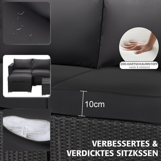 MEXO Gartensofa Rattan Modulsofa mit Liegefunktion Outdoor Wetterfest Balkon Terrasse 64x64cm xxl Sitzfläche, 10cm breite Komfort - Armlehnen, 10cm Luxus Sitzkissen, 7+ freie Kombinationen zur Auswahl, Polyrattan Lounge anthrazit Loungesessel - MeXo - Home