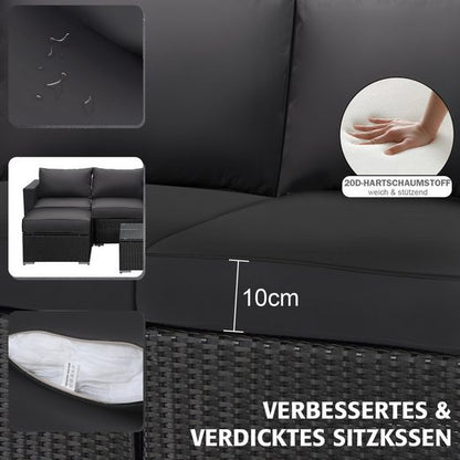 MEXO Gartensofa Rattan Modulsofa mit Liegefunktion Outdoor Wetterfest Balkon Terrasse 64x64cm xxl Sitzfläche, 10cm breite Komfort - Armlehnen, 10cm Luxus Sitzkissen, 7+ freie Kombinationen zur Auswahl, Polyrattan Lounge anthrazit Loungesessel - MeXo - Home