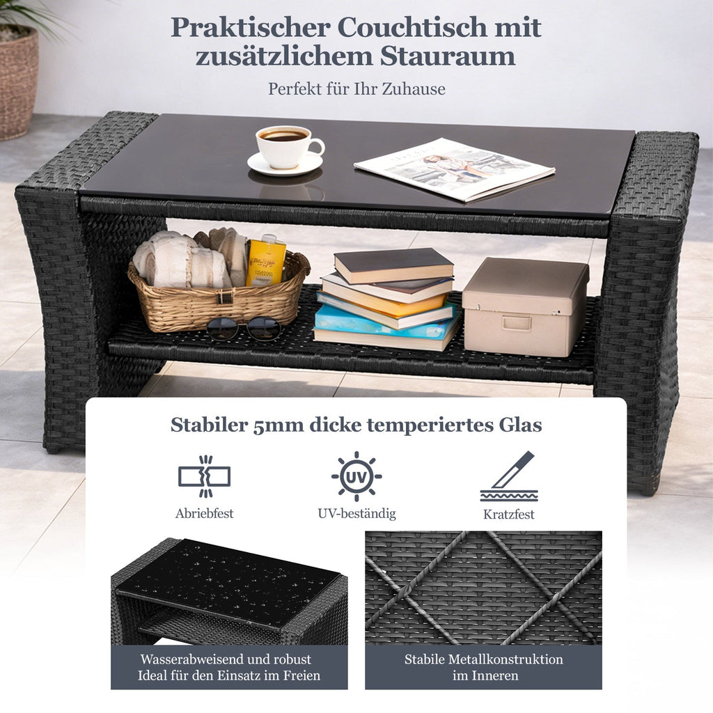 MeXo Loungeset Polyrattan Gartenmöbel Set 4 Personen Wetterfest (Balkonset Sitzgruppe, 4 - tlg., mit 80 cm hoher Rückenlehne, 8 cm breite Armlehne), Stauraum unter dem Tisch - MeXo - Home