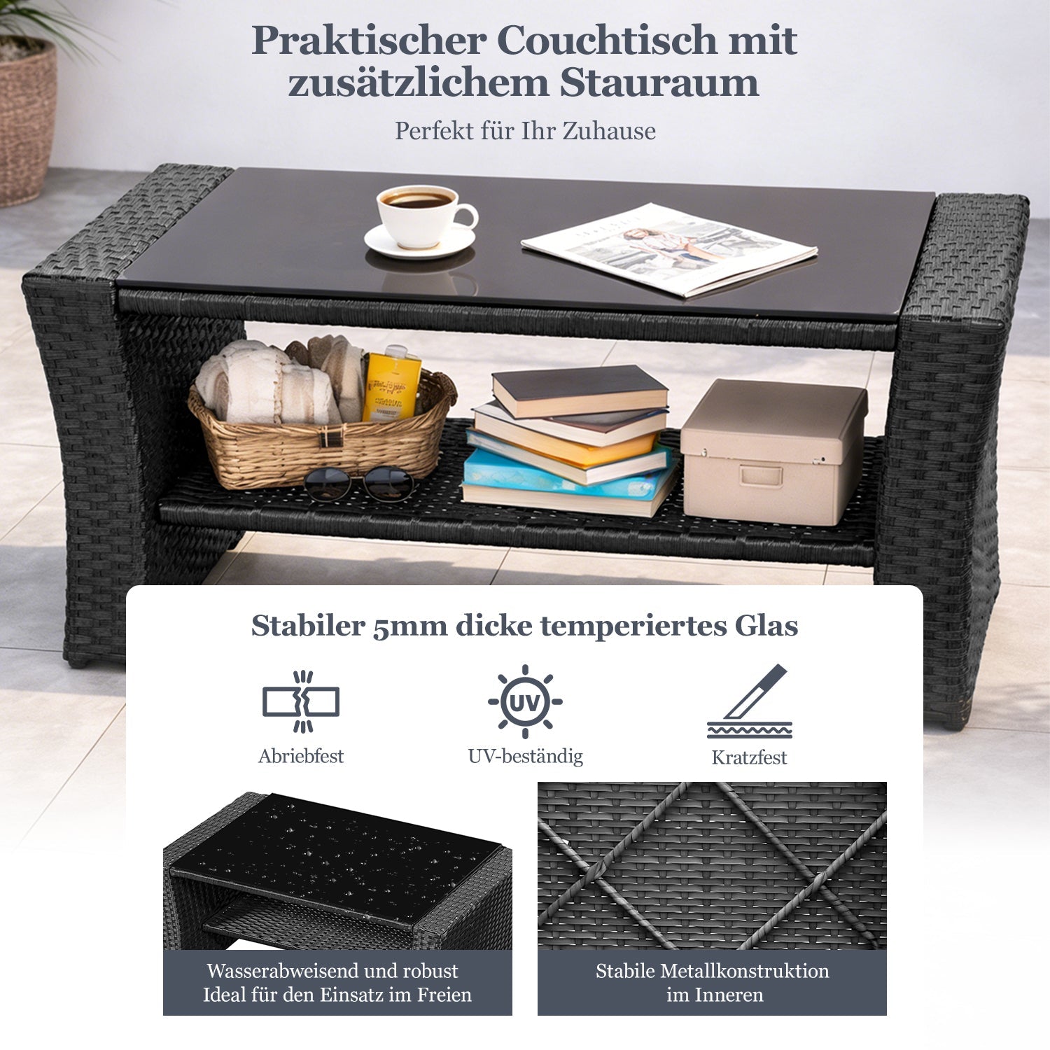 MeXo Loungeset Polyrattan Gartenmöbel Set 4 Personen Wetterfest (Balkonset Sitzgruppe, 4 - tlg., mit 80 cm hoher Rückenlehne, 8 cm breite Armlehne), Stauraum unter dem Tisch - MeXo - Home