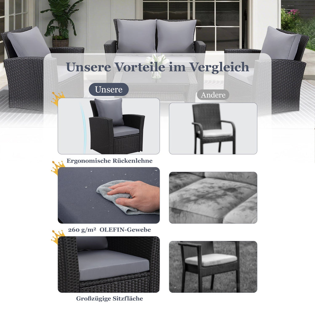 MeXo Loungeset Polyrattan Gartenmöbel Set 4 Personen Wetterfest (Balkonset Sitzgruppe, 4 - tlg., mit 80 cm hoher Rückenlehne, 8 cm breite Armlehne), Stauraum unter dem Tisch - MeXo - Home