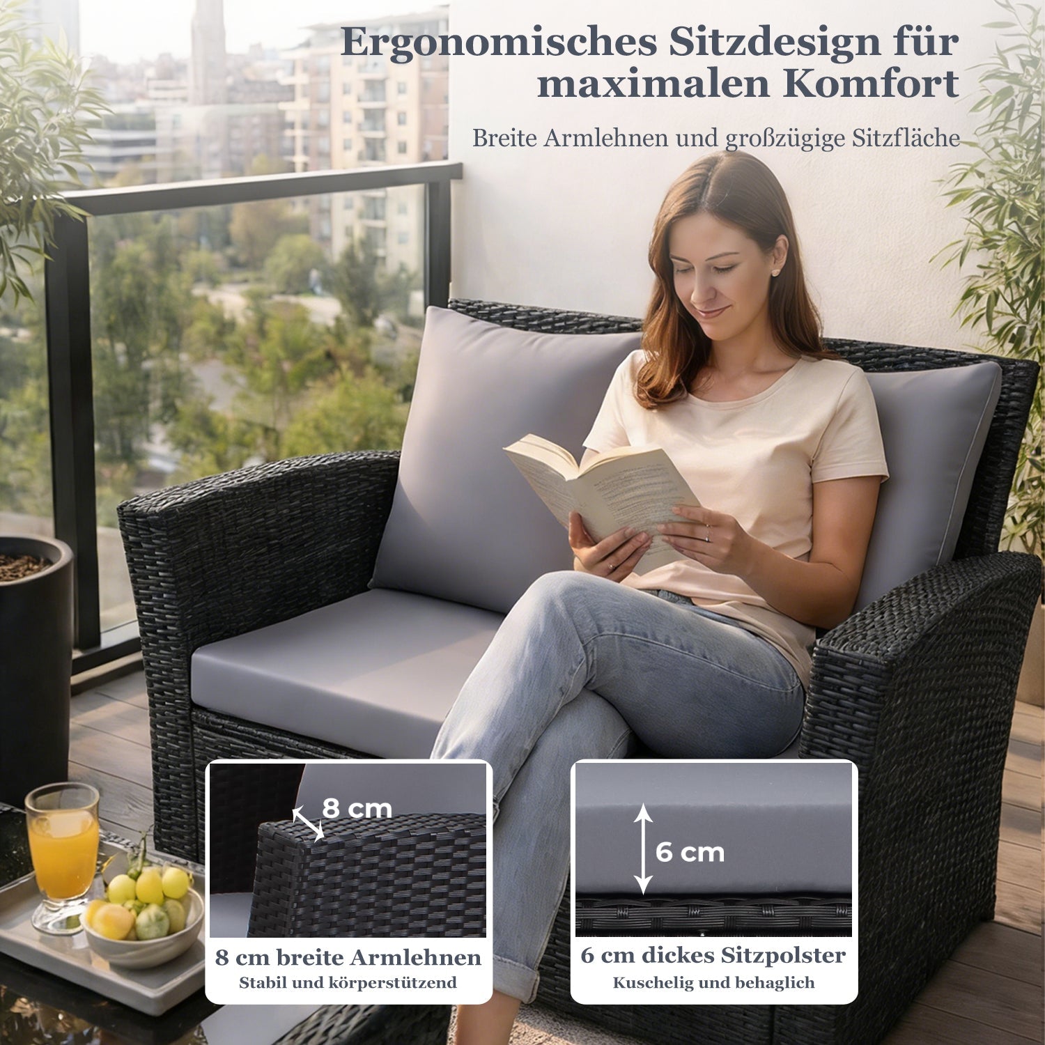 MeXo Loungeset Polyrattan Gartenmöbel Set 4 Personen Wetterfest (Balkonset Sitzgruppe, 4 - tlg., mit 80 cm hoher Rückenlehne, 8 cm breite Armlehne), Stauraum unter dem Tisch - MeXo - Home