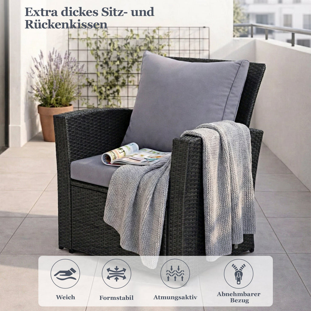 MeXo Loungeset Polyrattan Gartenmöbel Set 4 Personen Wetterfest (Balkonset Sitzgruppe, 4 - tlg., mit 80 cm hoher Rückenlehne, 8 cm breite Armlehne), Stauraum unter dem Tisch - MeXo - Home