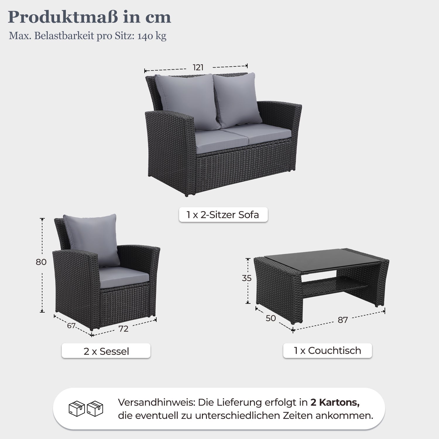 MeXo Loungeset Polyrattan Gartenmöbel Set 4 Personen Wetterfest (Balkonset Sitzgruppe, 4 - tlg., mit 80 cm hoher Rückenlehne, 8 cm breite Armlehne), Stauraum unter dem Tisch - MeXo - Home
