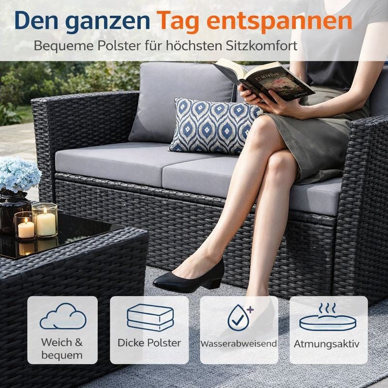MeXo Loungeset Polyrattan Gartenmöbel Set 4 Personen Wetterfest (Balkonset Sitzgruppe, 4 - tlg., mit 80 cm hoher Rückenlehne, 8 cm breite Armlehne), Stauraum unter dem Tisch - MeXo - Home