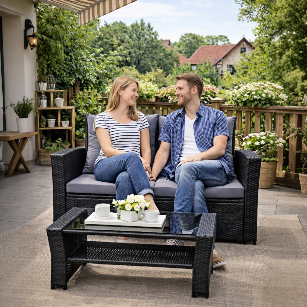 MeXo Loungeset Polyrattan Gartenmöbel Set 4 Personen Wetterfest (Balkonset Sitzgruppe, 4 - tlg., mit 80 cm hoher Rückenlehne, 8 cm breite Armlehne), Stauraum unter dem Tisch - MeXo - Home
