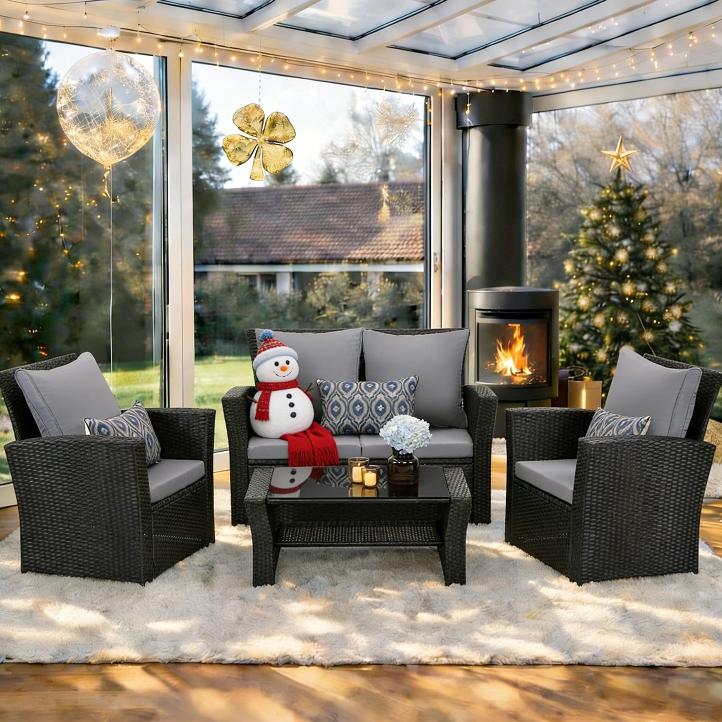 MeXo Loungeset Polyrattan Gartenmöbel Set 4 Personen Wetterfest (Balkonset Sitzgruppe, 4 - tlg., mit 80 cm hoher Rückenlehne, 8 cm breite Armlehne), Stauraum unter dem Tisch - MeXo - Home