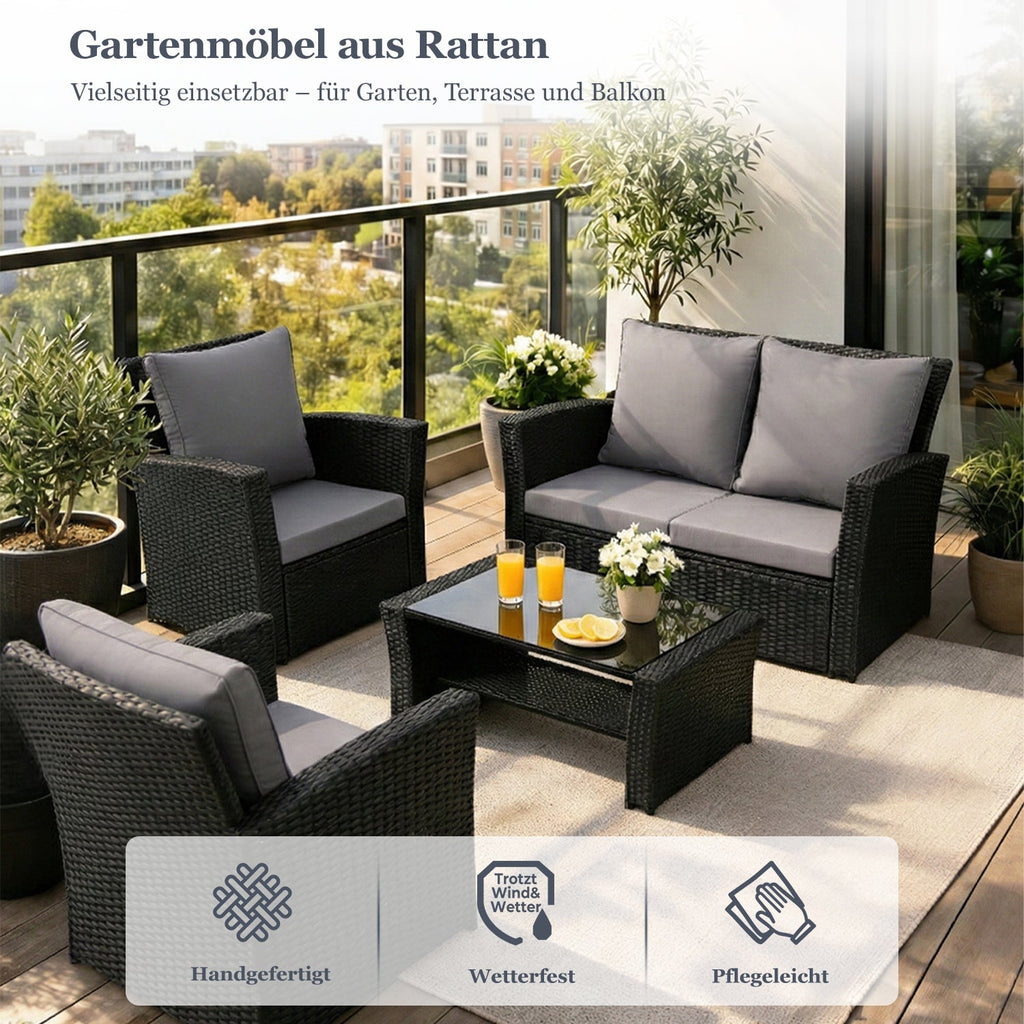 MeXo Loungeset Polyrattan Gartenmöbel Set 4 Personen Wetterfest (Balkonset Sitzgruppe, 4 - tlg., mit 80 cm hoher Rückenlehne, 8 cm breite Armlehne), Stauraum unter dem Tisch - MeXo - Home