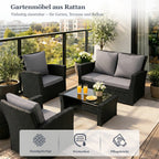 MeXo Loungeset Polyrattan Gartenmöbel Set 4 Personen Wetterfest (Balkonset Sitzgruppe, 4 - tlg., mit 80 cm hoher Rückenlehne, 8 cm breite Armlehne), Stauraum unter dem Tisch - MeXo - Home