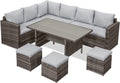 MeXo Polyrattan Gartenmöbel - Set Lounge - Set mit Ecksofa, WPC Esstisch, 3 Hocker, Kissen - Gartenlounge wetterfest bis 10 Personen - MeXo - Home