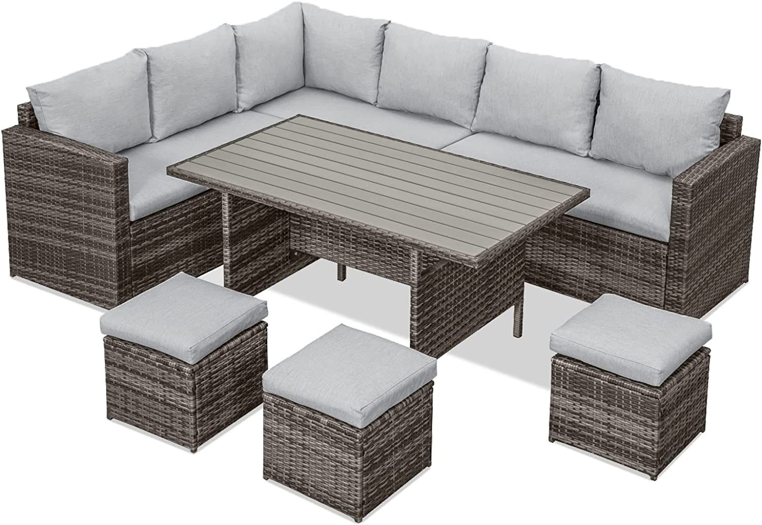MeXo Polyrattan Gartenmöbel - Set Lounge - Set mit Ecksofa, WPC Esstisch, 3 Hocker, Kissen - Gartenlounge wetterfest bis 10 Personen - MeXo - Home
