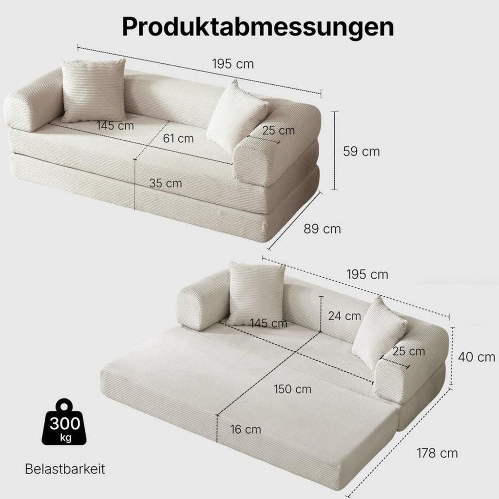 MEXO Schlafsofa 195 cm 3 sitzer cord sofa mit schlaffunktion Set, Wandelbares Tatami - Bodensofa, einfach in Einzelbett umwandelbar - MeXo - Home