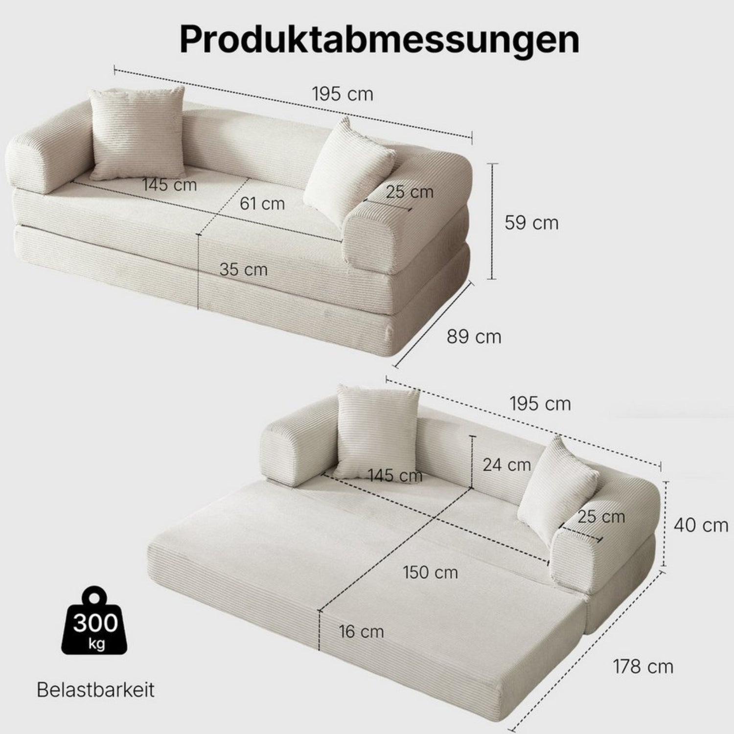 MEXO Schlafsofa 195 cm 3 sitzer cord sofa mit schlaffunktion Set, Wandelbares Tatami - Bodensofa, einfach in Einzelbett umwandelbar - MeXo - Home