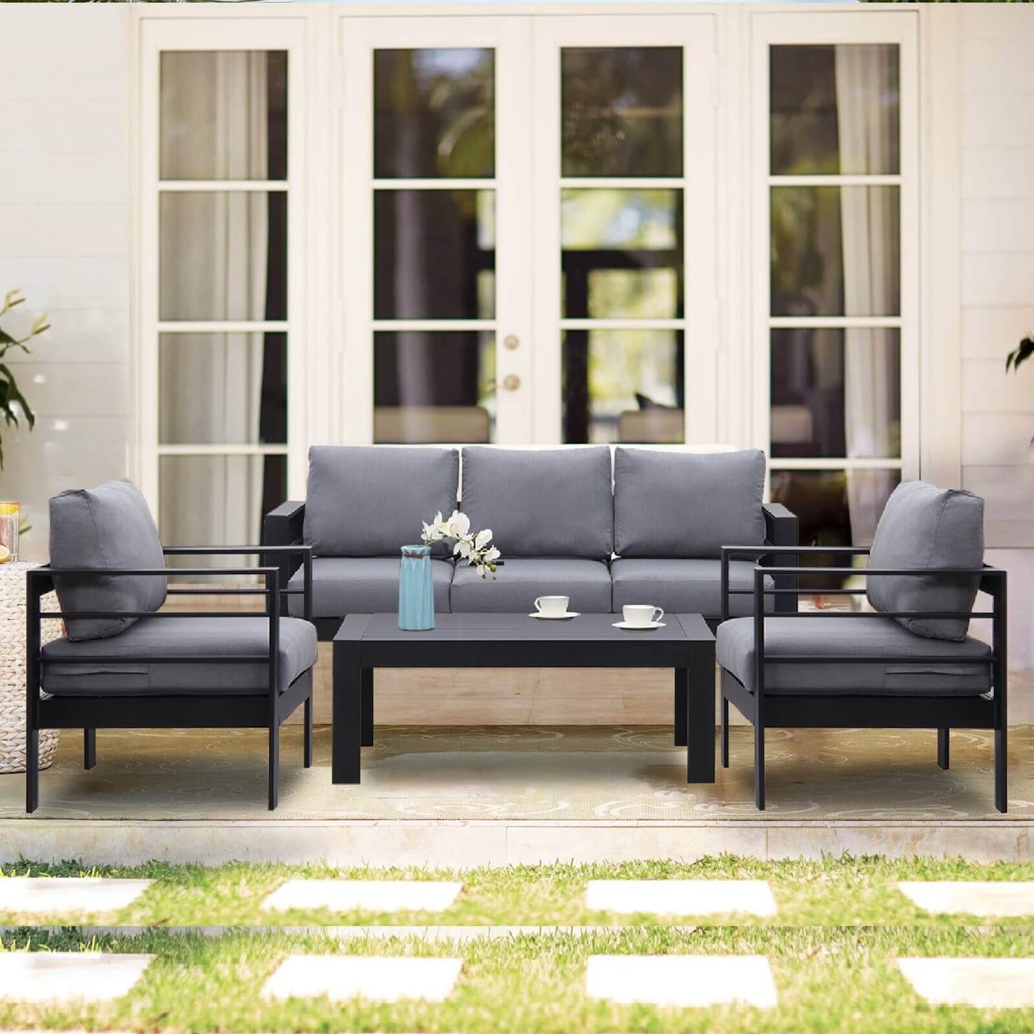 Schwarz 5 Sitzer Aluminium Lounge Gartenmöbel Set mit Polster Schwarz - MeXo - Home