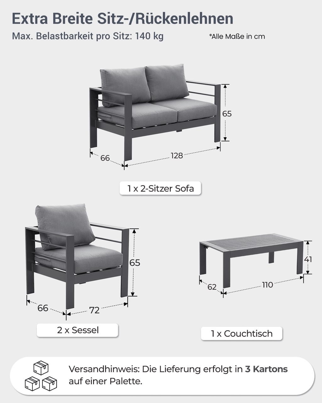 Terrassenmöbel 3 - 4 Personen grau - MeXo