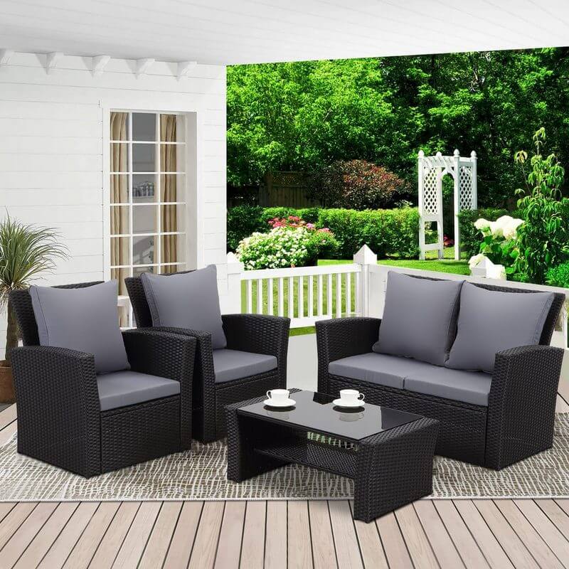 MeXo 4 - Personen Gartenlounge - Set aus Polyrattan mit Premium - Polster – Schwarz, Wetterfest & Stylisch - MeXo - Home