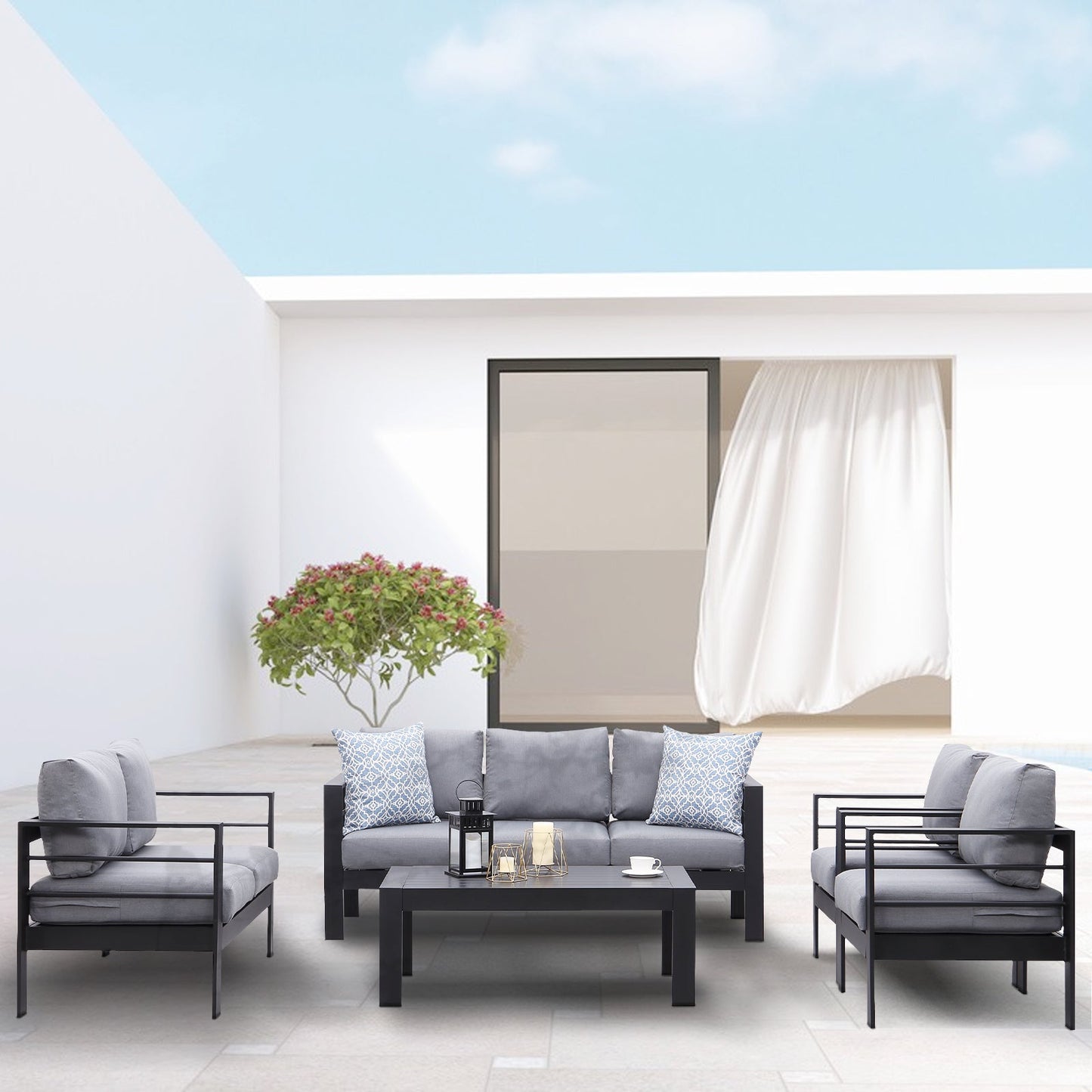 MeXo Lounge - Set Aluminium 6 - 7 Personen Gartenmöbel Set Metall Modern, Garten Sitzgruppe Wetterfest mit Sofa Sessel Tisch Olefin Kissen Auflagen Grau für Indoor Outdoor (Grau & Dunkelgrau) - MeXo - Home