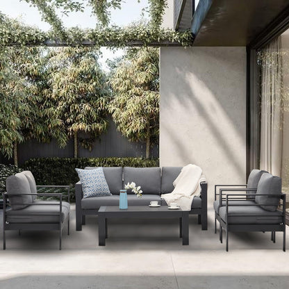MeXo Lounge - Set Aluminium 6 - 7 Personen Gartenmöbel Set Metall Modern, Garten Sitzgruppe Wetterfest mit Sofa Sessel Tisch Olefin Kissen Auflagen Grau für Indoor Outdoor (Grau & Dunkelgrau) - MeXo - Home