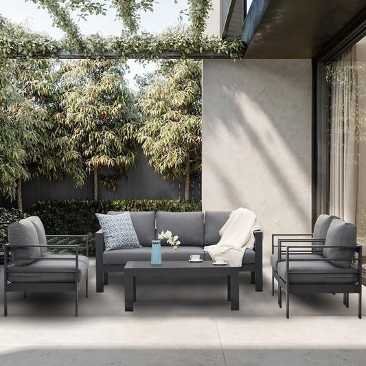 MeXo Lounge - Set Aluminium 6 - 7 Personen Gartenmöbel Set Metall Modern, Garten Sitzgruppe Wetterfest mit Sofa Sessel Tisch Olefin Kissen Auflagen Grau für Indoor Outdoor (Grau & Dunkelgrau) - MeXo - Home