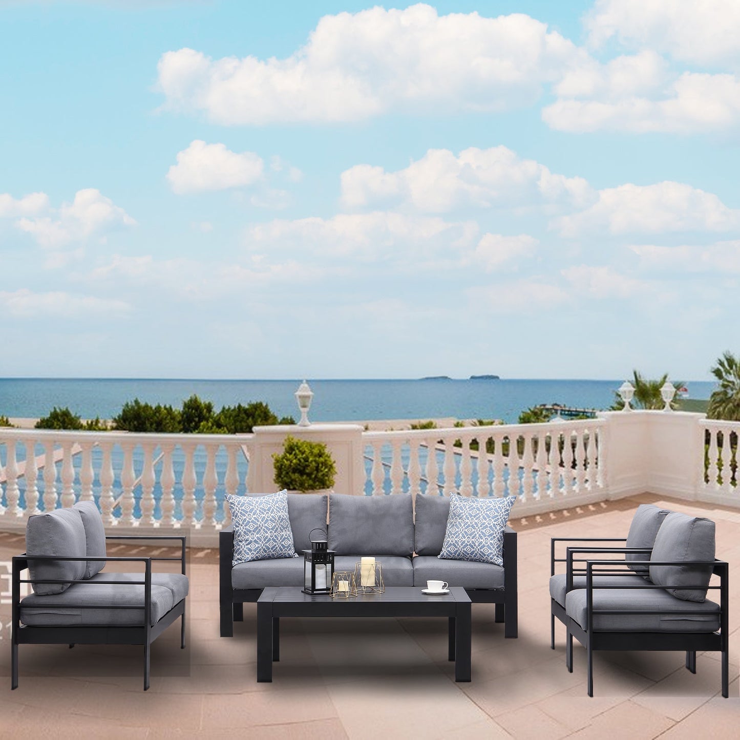 MeXo Lounge - Set Aluminium 6 - 7 Personen Gartenmöbel Set Metall Modern, Garten Sitzgruppe Wetterfest mit Sofa Sessel Tisch Olefin Kissen Auflagen Grau für Indoor Outdoor (Grau & Dunkelgrau) - MeXo - Home