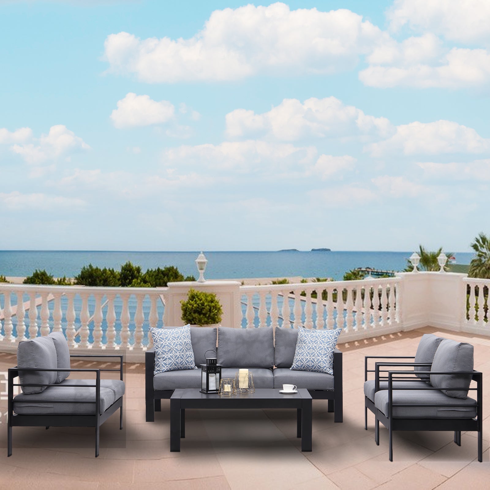MeXo Lounge - Set Aluminium 6 - 7 Personen Gartenmöbel Set Metall Modern, Garten Sitzgruppe Wetterfest mit Sofa Sessel Tisch Olefin Kissen Auflagen Grau für Indoor Outdoor (Grau & Dunkelgrau) - MeXo - Home