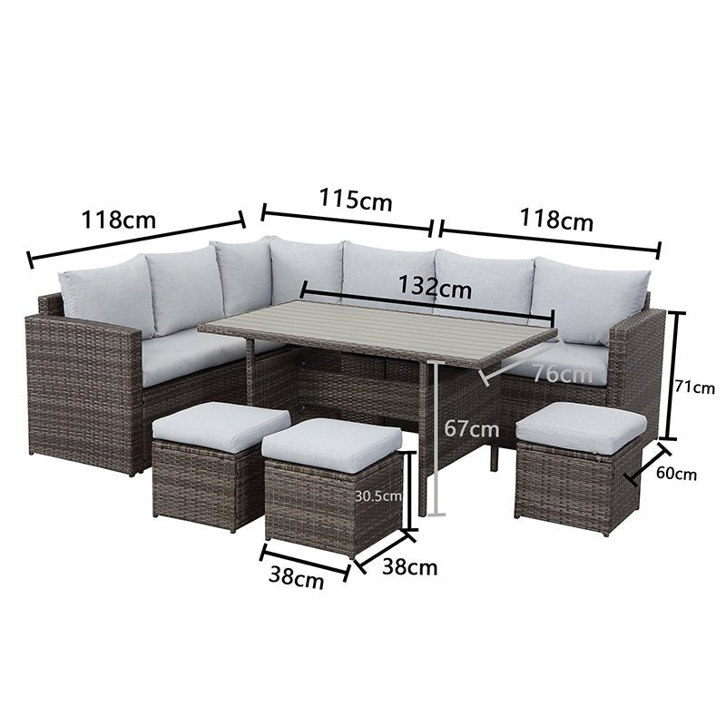 MeXo Loungeset Gartenmöbel Set 9 Personen mit Esstisch wetterfest, Modulare Ecklounge, (Esstisch 132x76x67cm, 7 - tlg., Belastbarkeit pro Sitzplatz bis zur 140kg) - MeXo - Home