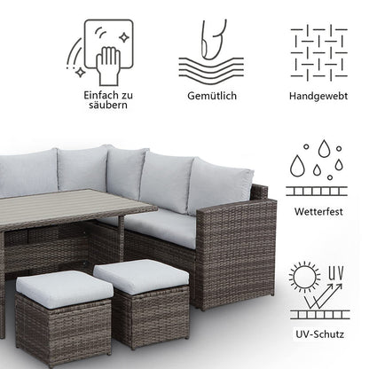 MeXo Loungeset Gartenmöbel Set 9 Personen mit Esstisch wetterfest, Modulare Ecklounge, (Esstisch 132x76x67cm, 7 - tlg., Belastbarkeit pro Sitzplatz bis zur 140kg) - MeXo - Home