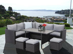 MeXo Polyrattan Gartenmöbel - Set Lounge - Set mit Ecksofa, WPC Esstisch, 3 Hocker, Kissen - Gartenlounge wetterfest bis 10 Personen - MeXo - Home
