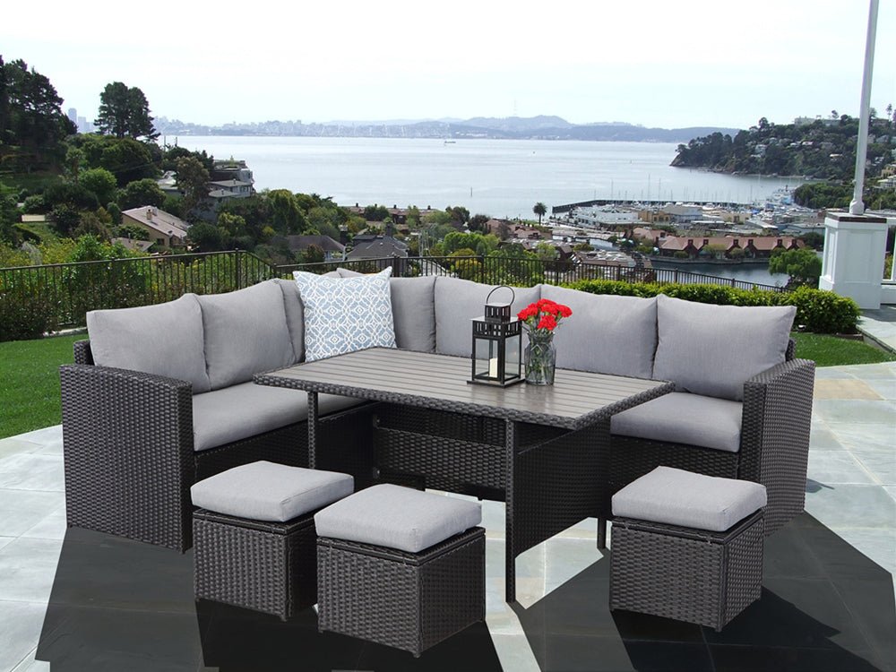 MeXo Polyrattan Gartenmöbel - Set Lounge - Set mit Ecksofa, WPC Esstisch, 3 Hocker, Kissen - Gartenlounge wetterfest bis 10 Personen - MeXo - Home