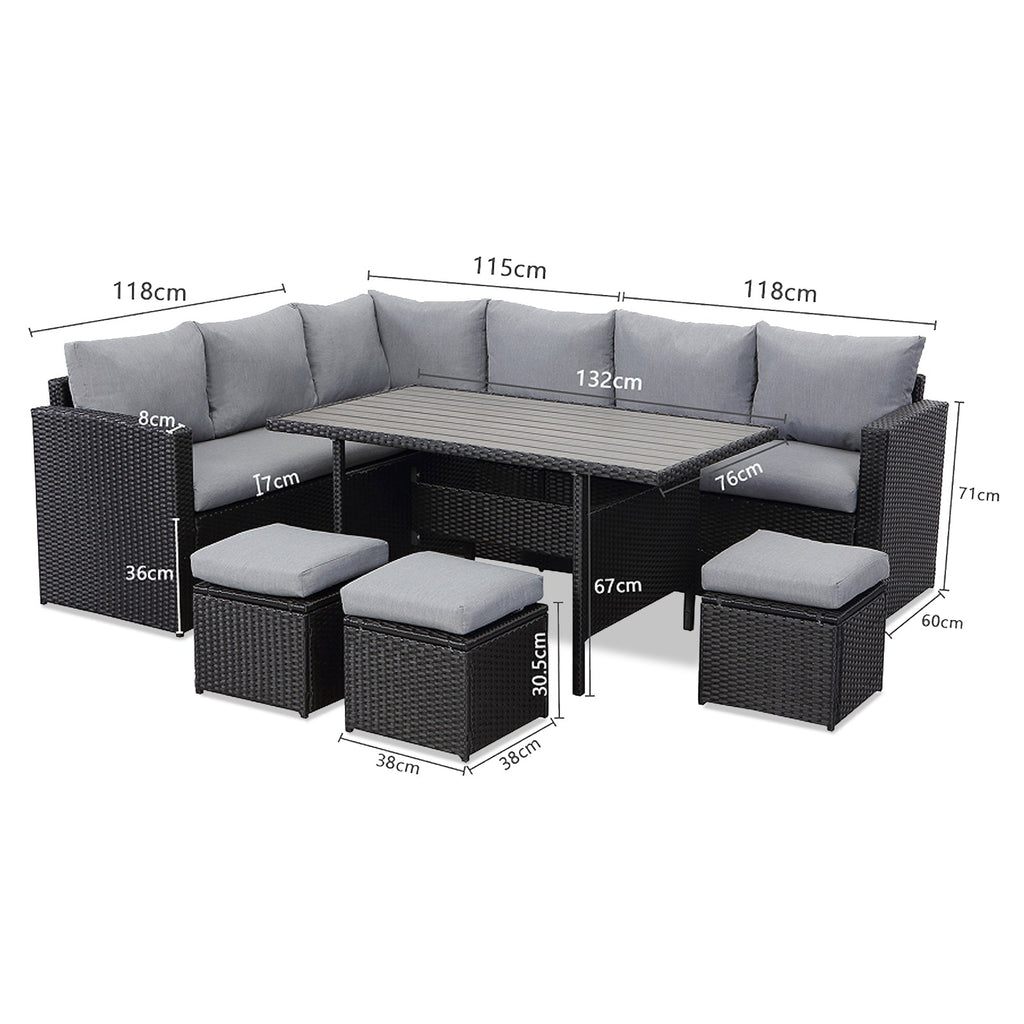 MeXo Polyrattan Gartenmöbel - Set Lounge - Set mit Ecksofa, WPC Esstisch, 3 Hocker, Kissen - Gartenlounge wetterfest bis 10 Personen - MeXo - Home