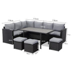 MeXo Polyrattan Gartenmöbel - Set Lounge - Set mit Ecksofa, WPC Esstisch, 3 Hocker, Kissen - Gartenlounge wetterfest bis 10 Personen - MeXo - Home