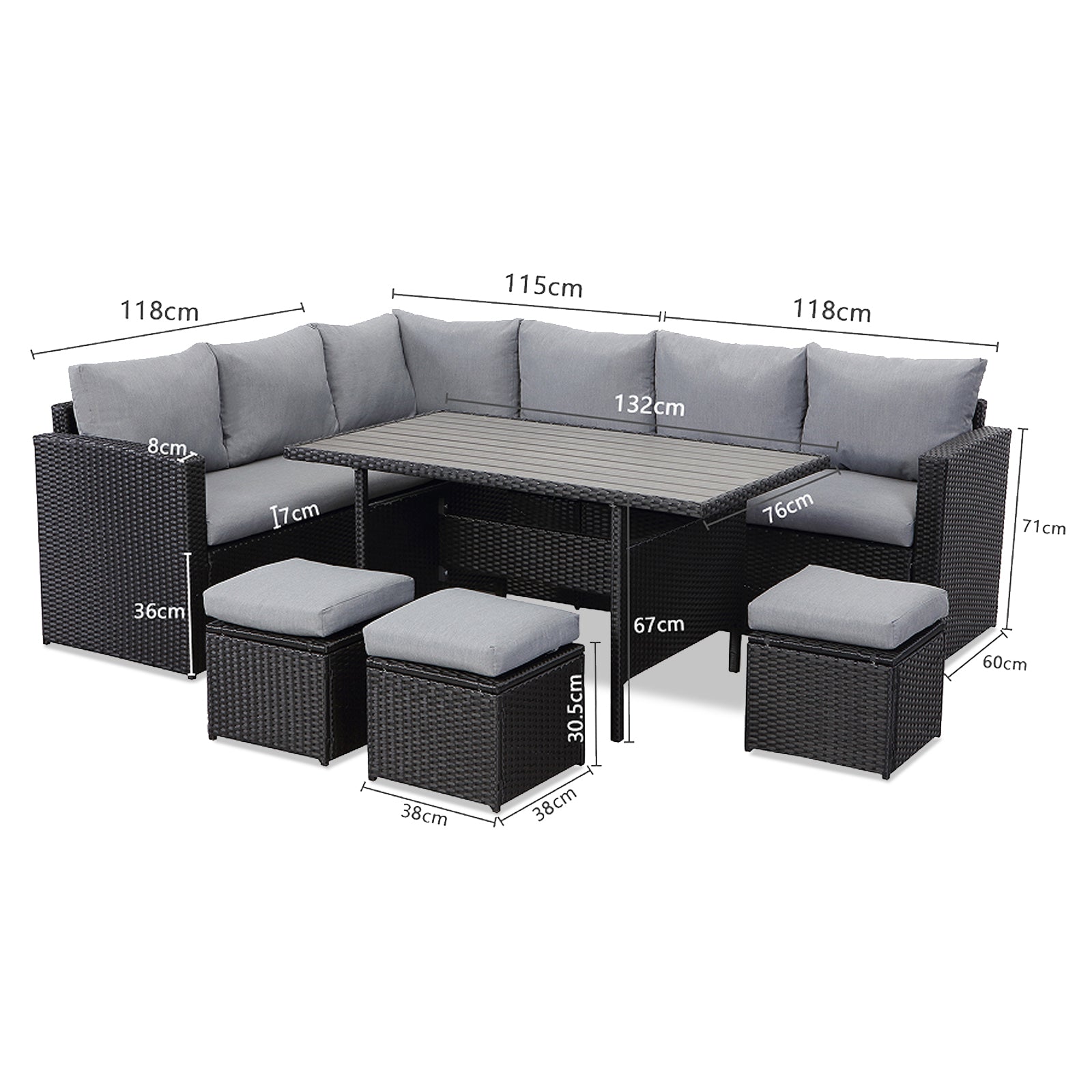 MeXo Polyrattan Gartenmöbel - Set Lounge - Set mit Ecksofa, WPC Esstisch, 3 Hocker, Kissen - Gartenlounge wetterfest bis 10 Personen - MeXo - Home