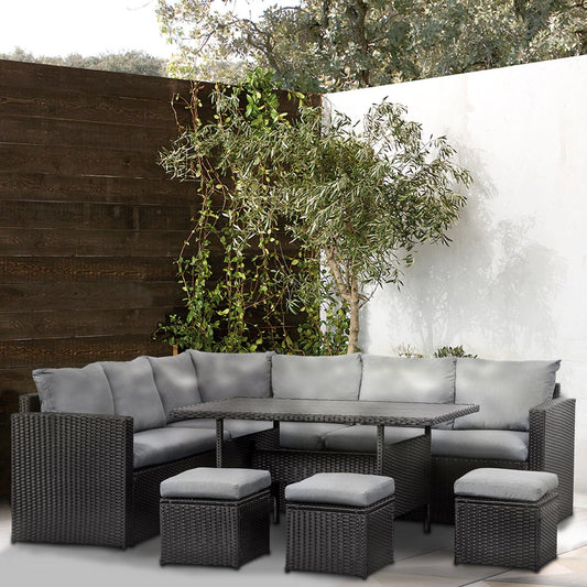MeXo Polyrattan Gartenmöbel - Set Lounge - Set mit Ecksofa, WPC Esstisch, 3 Hocker, Kissen - Gartenlounge wetterfest bis 10 Personen - MeXo - Home