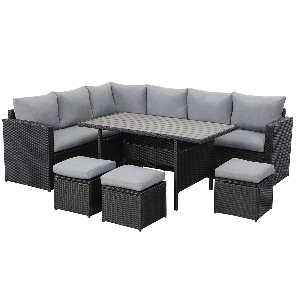 MeXo Polyrattan Gartenmöbel - Set Lounge - Set mit Ecksofa, WPC Esstisch, 3 Hocker, Kissen - Gartenlounge wetterfest bis 10 Personen - MeXo - Home